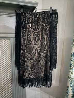 love, Fire Black Lace Midi Dress with Nude Underlayer